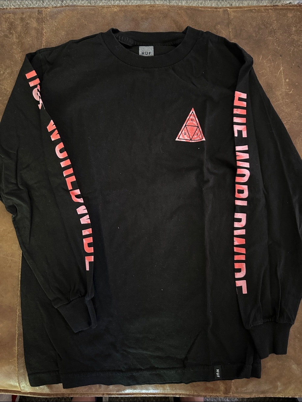 HUF Black Long Sleeve Tee with Pink Sleeve Script and Chest Triangle